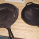 11" Erie on the left, my old 10" Lodge on the right (which took some serious abuse from my last camping trip). The Erie is a bit deeper than the Lodge pan, and the finish of the cooking surface is a million times smoother. The walls of the pan are also a bit steeper than the Lodge. That said, the first thing you notice is the weight! It’s light as a feather compared to the Lodge, despite being an inch larger. 3.8lbs vs. 5.5lbs. That puts the 11" Erie almost at the 8" skillets’ weight!